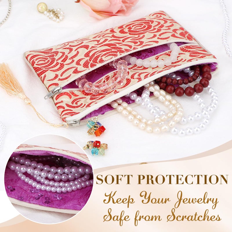 kilofly 2 pc Chinese Silk Brocade 2 Zipper Pocket Tassel Jewelry Bag Gift Pouch set2 D - Image 4